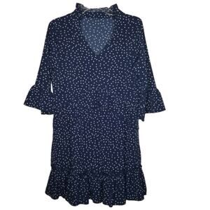 Ruffle Dress with peplum ruffled Short Flutter Sleeve Polka Dot Blue White Small